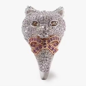 Kate Spade New York nwt  Pawlina silver pink bow kitty Cat Cocktail Ring 7